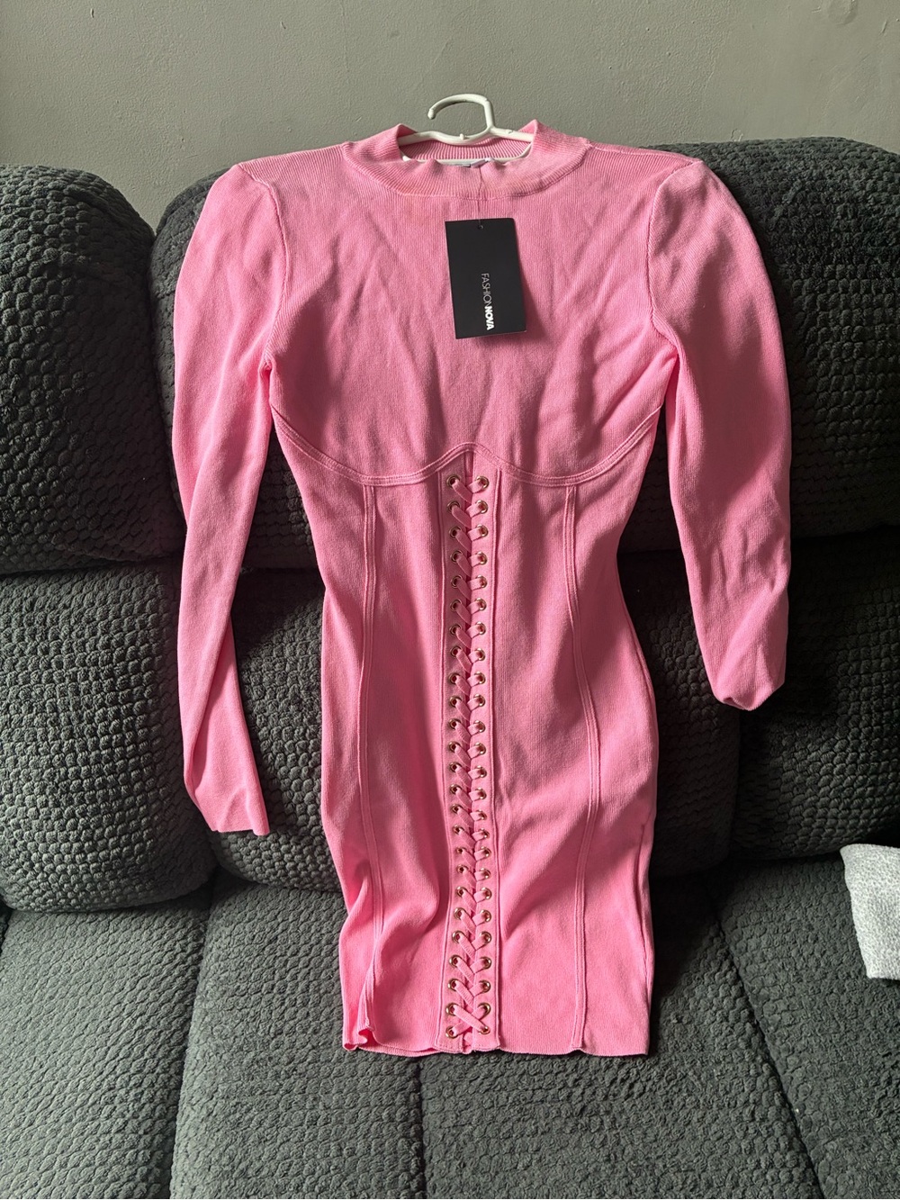 Fashion Nova Pink Long-Sleeve Corset-Front Midi Bodycon Dress - Picture 2 of 5